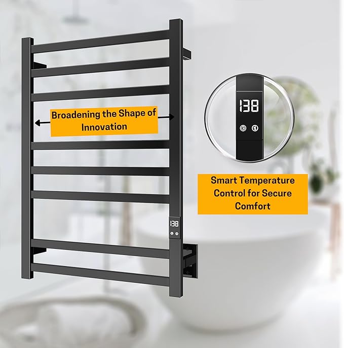8-Bar Electric Heated Towel Warmer, Fast Heating with Auto Shut-Off Timer, Matte Black Finish, Wall-Mounted Spa Towel Heater, Hardwired or Plug-in Options