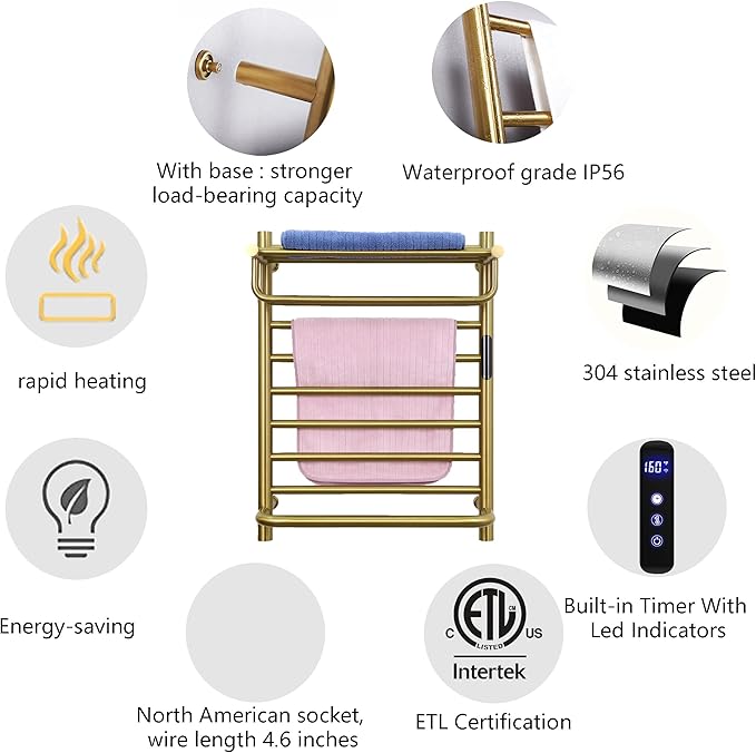 Gold Wall Mounted Heated Towel Rack, Gold Towel Warmer Rack for Bathroom, Timer & Temperature Control Electric Towel Drying Rack with Top Shelf (14 Bars with Top Shelf Brushed Gold A, Hardwired)