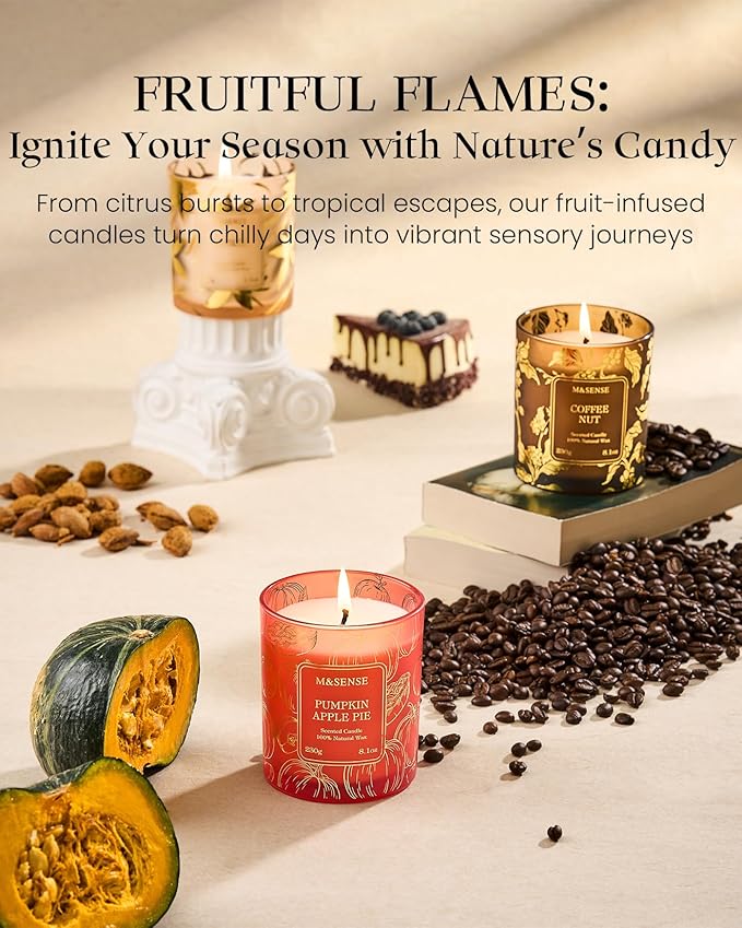 M&SENSE Pumpkin Apple Pie Scented Candles, 8.1oz 42-Hour Slow Burning Soy Candles, Cozy Fall Halloween Thanksgiving Christmas Holiday Fragrance