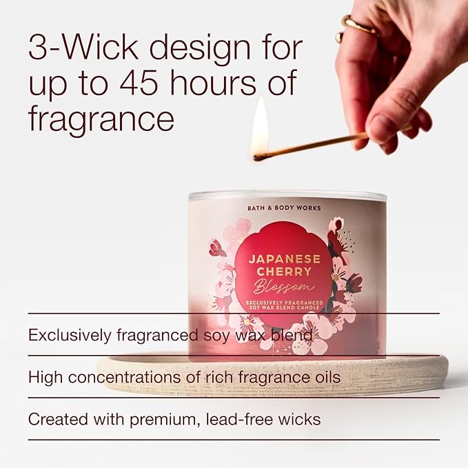 Bath & Body Works Japanese Cherry Blossom 3-Wick Candle - Scented Candle for At-Home Use - Long-Lasting, Room-Filling Fragrance - High Fragrance Oil Concentration - Soy Wax Blend