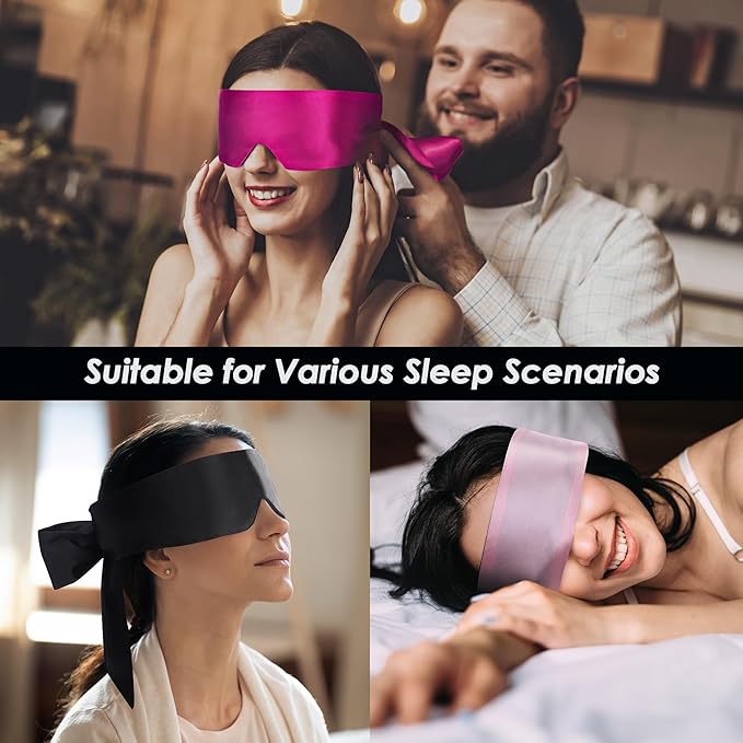 FRESHME Satin Sleeping Mask - Eye Mask for Sleeping Comfortable Adjustable Eye Blindfold Cover for Women Men Night Travel Nap Yoga Meditation Valentine's Day Gift Black and Deep Purple 160cm/63in