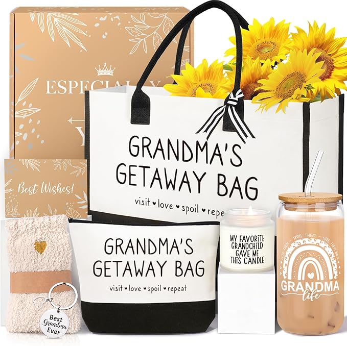 iAOVUEBY Grandma Gifts - Birthday Mothers Day Gifts for Grandma, Canvas Tote Bag Makeup Bag Tumbler Gift Set from Granddaughter Grandson Grandchildren, Thanksgiving Ideas Gift for Grandmother