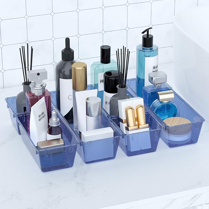WOWBOX 9 Pack Clear Drawer Organizer Set, Acrylic Drawer Storage Trays, Storage Bins for Makeup, Cosmetics, Jewelries, Utensils, Gadgets, Office, Dark Blue
