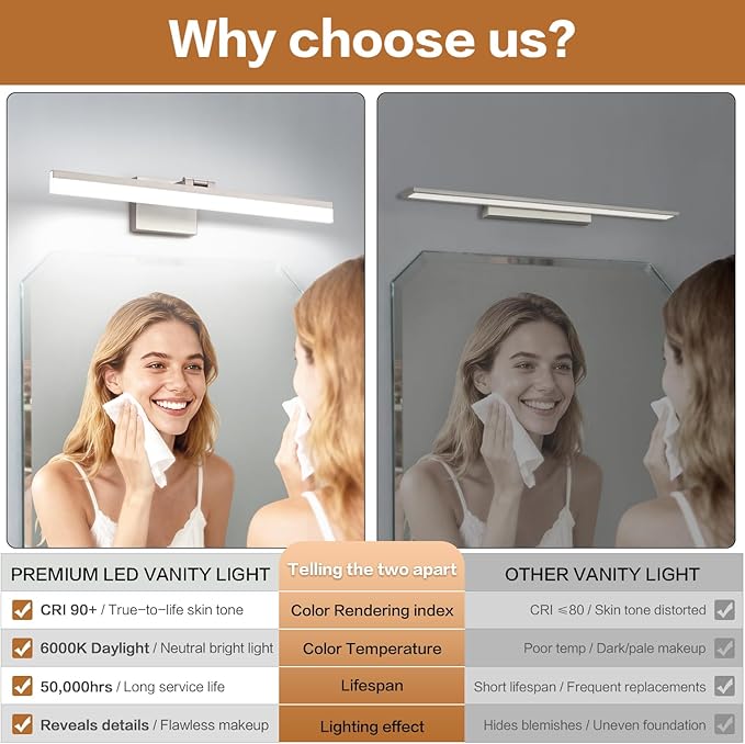 SOLFART 24 inch LED Vanity Lights Brushed Nickel Bathroom Light Fixture Bathroom Vanity Lights Over Mirror Vanity Lighting Fixtures 5 Color Temperature Dimmable Led Light Bar 5CCT