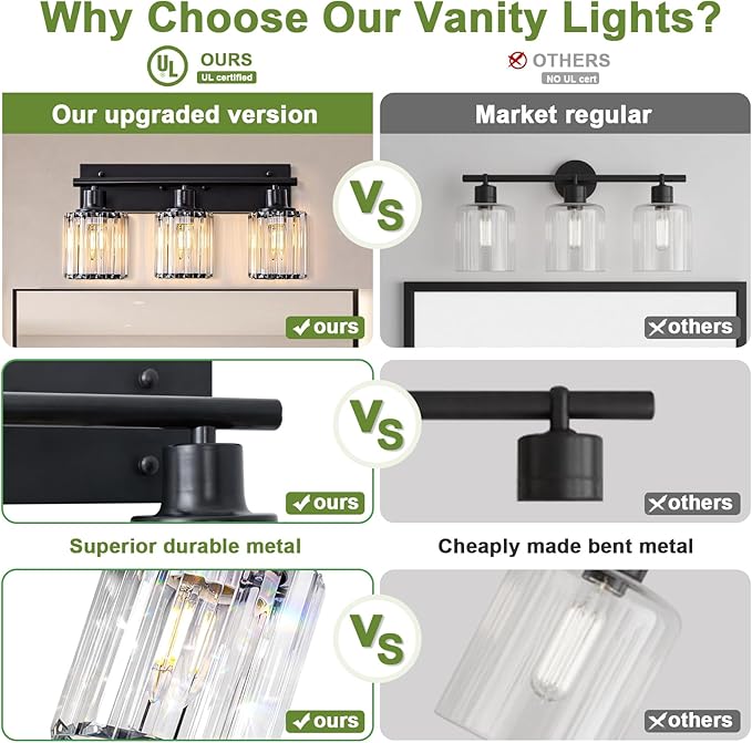Vanity Light, 3-Light Modern Crystal Black Bathroom Light with 3 E26 Bulbs, Vanity Lights for Bathroom Bedroom Living Room Hallway