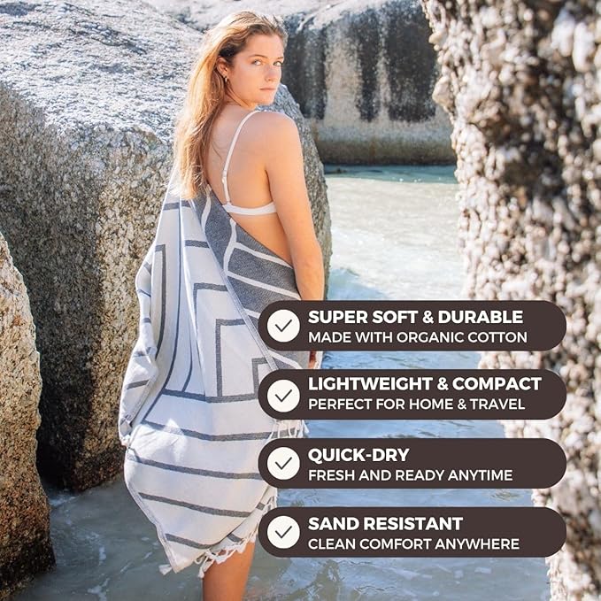 FESHKA Sand Proof Turkish Beach Towel – Oversized, Quick Dry & Lightweight Travel Towel - 100% Organic Cotton Beach Blanket - Perfect for Bath, Pool & Picnic | Explorer (Dark Navy)