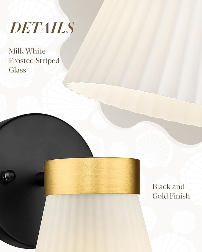 Set of 2 Wall Sconces for Bathroom, HWH 1-Light Bathroom Vanity Light with Frosted Milk White Striped Glass, Indoor Wall Mount Lighting Fixtures, Black and Gold Finish, 5HZG97B-2PK BK+BG