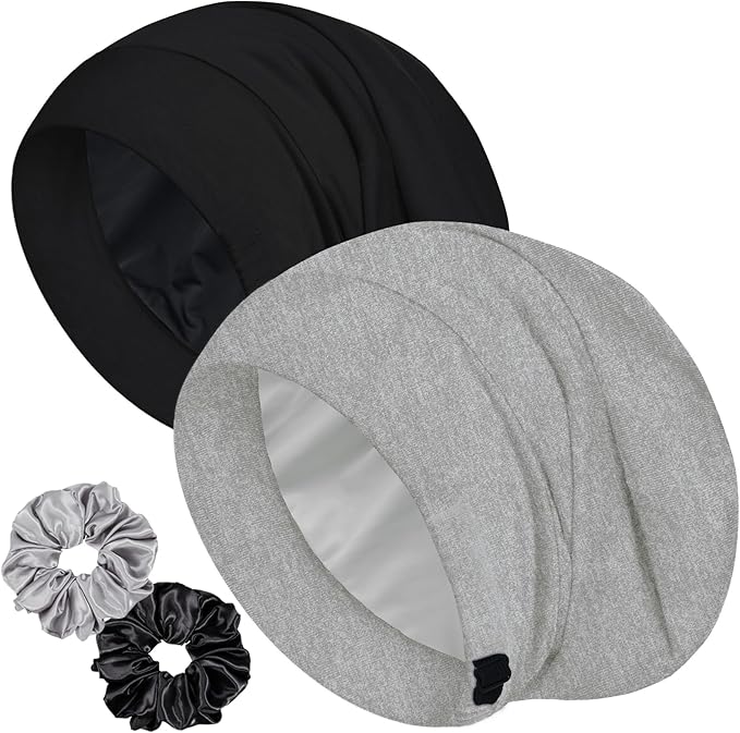Sleep Cap Bonnet for Sleeping, Adjustable Cooling Ice Silk Lined Hair Bonnets for Natural Curly Braids Beanie Hat Women Men
