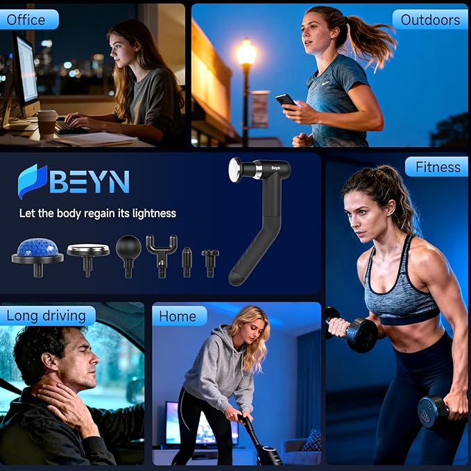 Beyn Hot & Cold Therapy Massage Gun with Detachable Long Handle - Deep Tissue Percussion Massager for Back Pain Relief, 6 Speeds & 6 Heads, LCD Display, USB-C Rechargeable, Quiet Muscle Massager