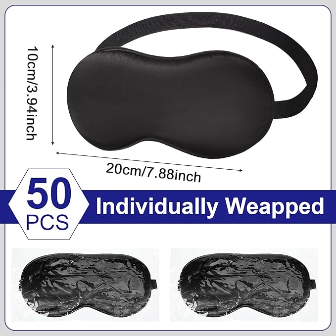 Newcotte 50 Pcs Silk Sleep Eye Mask for Sleeping Adjustable Elastic Strap Blackout Smooth Soft Eye Covers No Pressure Sleep Mask for Women and Men Comfortable Blindfolds(Black)