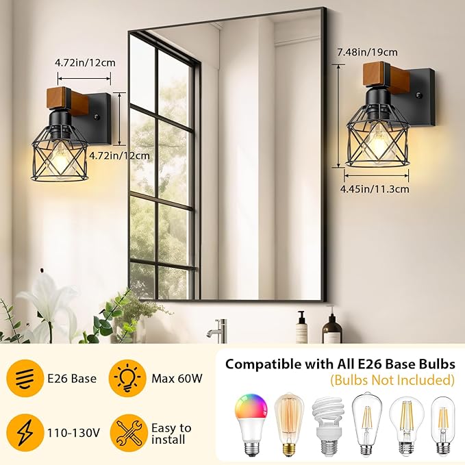 Wall Sconces Set of Two, Farmhouse 1-Light Matte Black Vanity Lights for Bathroom, Rustic Wooden Bedside Hardwired Wall Mounted Lamp with Metal Cage for Hallway, Living Room, Mirror, Kitchen