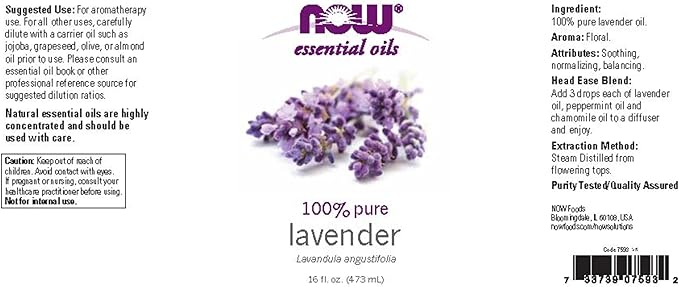 NOW Essential Oils, Lavender Oil, Soothing Aromatherapy Scent, Steam Distilled, 100% Pure, Vegan, Child Resistant Cap, 16-Ounce