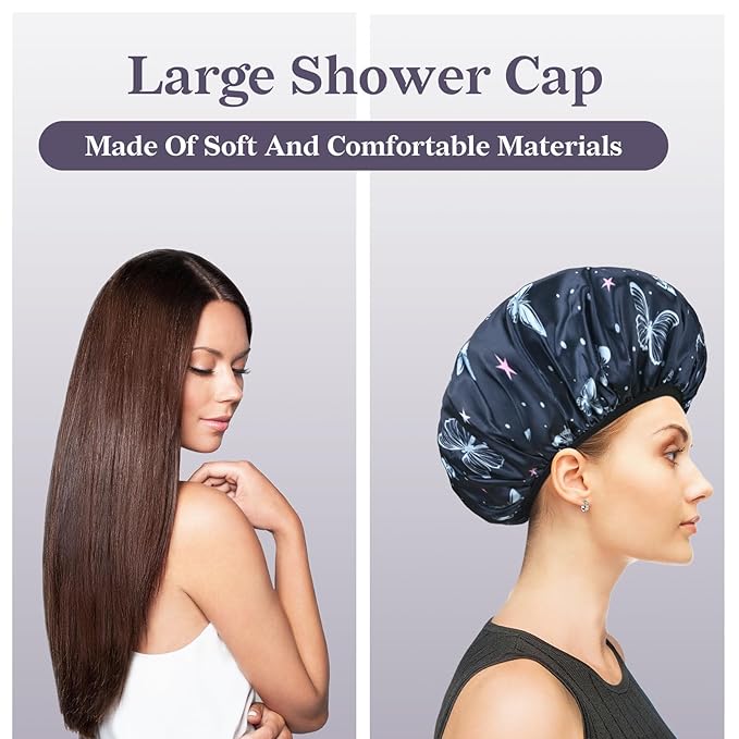 Blue Butterfly Print Satin Shower Cap, Three-Layer Terry Cloth Lined, with Silk Hair Ties, Microfiber Waterproof Reusable Large Size Shower Cap for Women Long Thick Hair