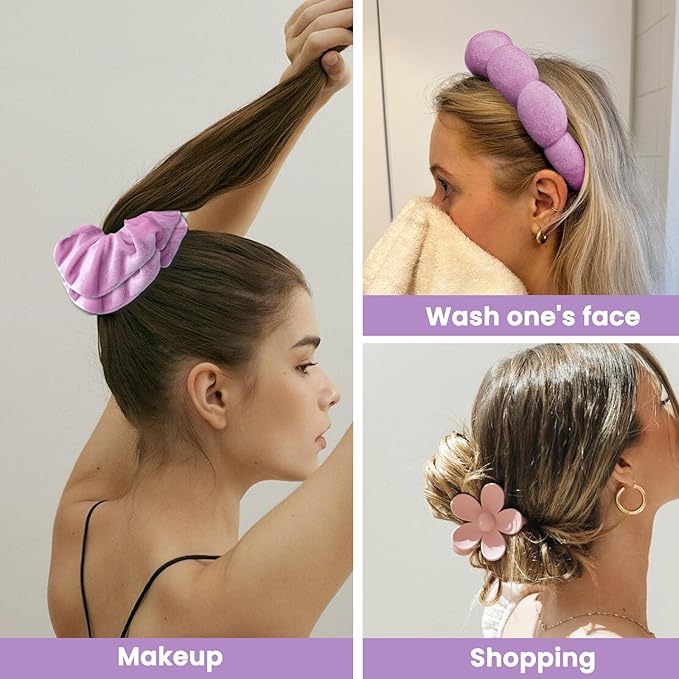 4 Pcs Skincare Headband Set, Face Washing Headband with Wristbands, Hair Claw Clips & Hair Ties, Spa Headbands for Women Girls, Perfect for Facial, Makeup, Shower, Gift Ready Box