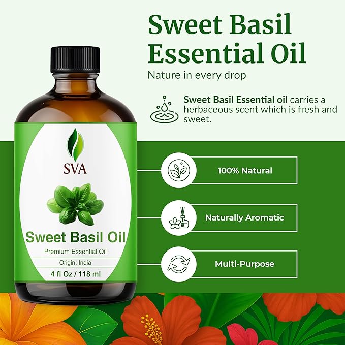 SVA Sweet Basil Essential Oil – 4 Fl Oz – 100% Natural Basil Oil - for Diffuser, Hair Care, Face, Skin Care, Aromatherapy, Scalp and Body Massage, Soap and Candle Making – with Dropper