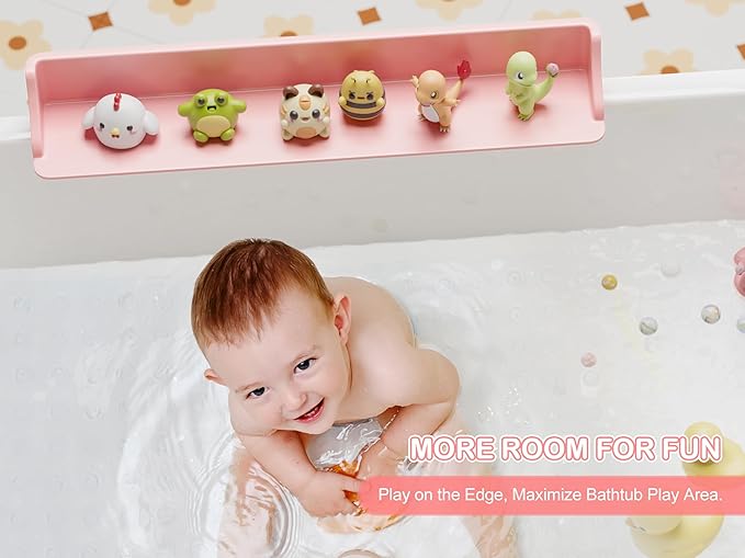 Cushore 3-Ft Bathtub Splash Guard PlayPad with Strong Suction Cups, Toy Tray Caddy Holder Storage, No-Leak, Mess-Free Bath Time for Kids, Pink