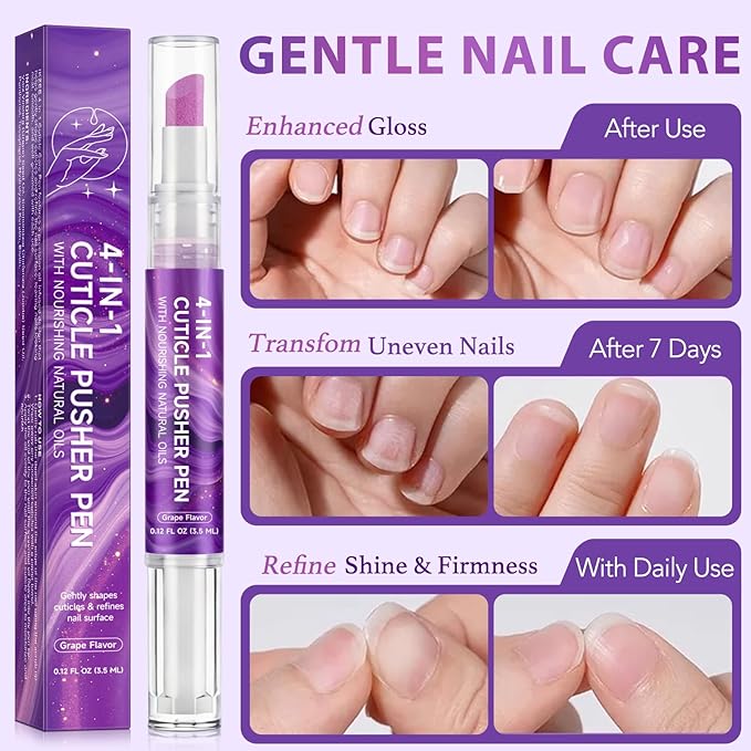 4-in-1 Cuticle Oil Pen for Nails, Nail Cuticle Polishing & Remover Tool with Quartz Cuticle Pusher and Nail Buffer, Nourishing Cuticle Care for Hangnails & Dry Cuticles, Portable Manicure Pen