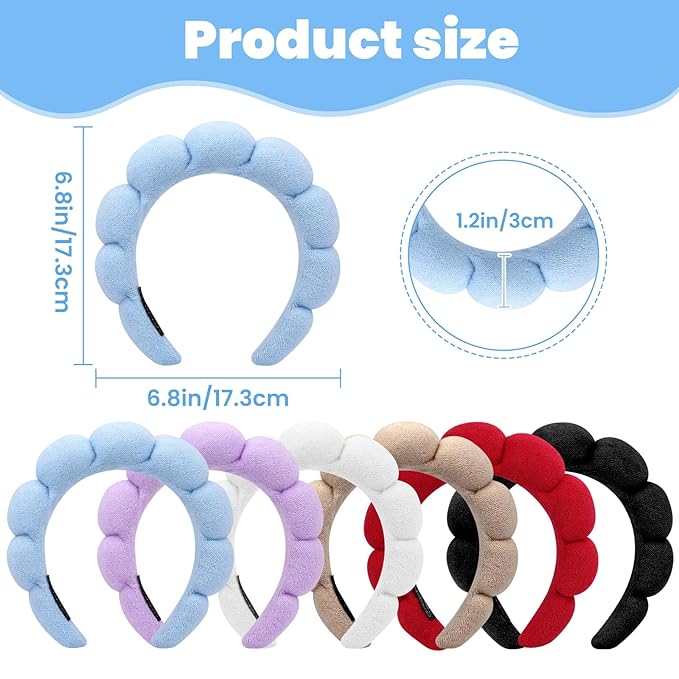 12 Pcs Spa Headbands for Women, Makeup Headbands for Women Girls, Puffy Sponge Bubble Headband for Washing Face, Soft Hair Band for Beauty Routines (Terry Cloth, 6 colors)