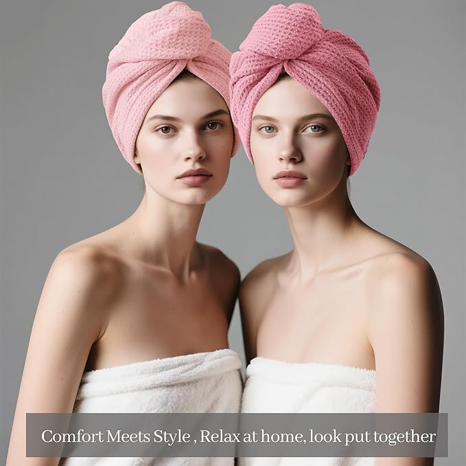 ROLSHOL 2 Pack Microfiber Hair Towel Wrap for Women, 32" x 11" Waffle Weave Hair Plopping Towel for Curly, Long & Thick Hair, Anti-Frizz Hair Turbans for Wet Hair (Light Pink,Coral Pink)