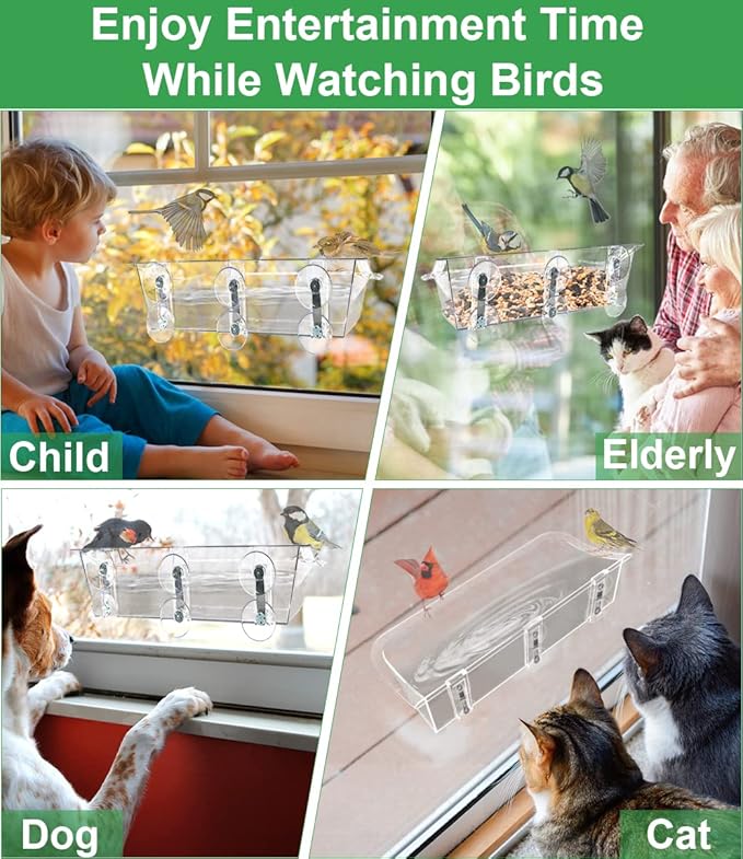 Clear Window Mounted Bird Feeder Bath with Strong Suction Cups for Outside, Transparent Glass Birdfeeder Birdbath for Cats, Kids, Elderly Viewing, 2 Pack