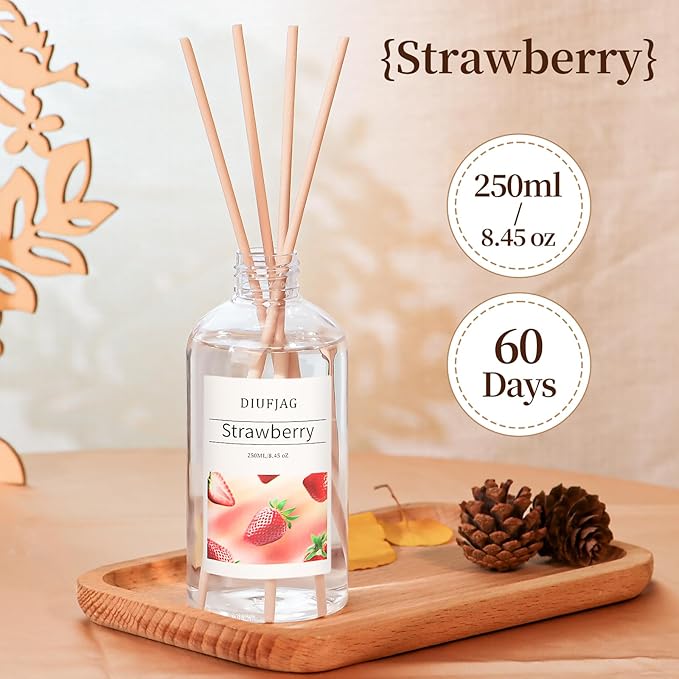 Strawberry Diffuser with 10 Fiber Sticks, 6.7 oz Diffusers for Home Essentials Bathroom,Last up to 60 Days