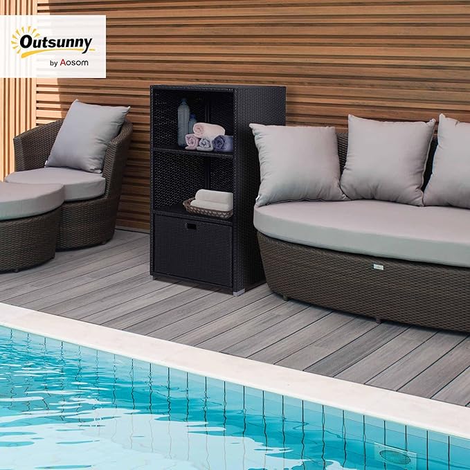 Outsunny Valet Pool Towel Rack, Waterproof PE Plastic Rattan Wicker Storage Organizer, Indoor Outdoor Spa, and Hot Tub Accessory Storage, 2 Shelves, 1 Basket Drawer, Espresso