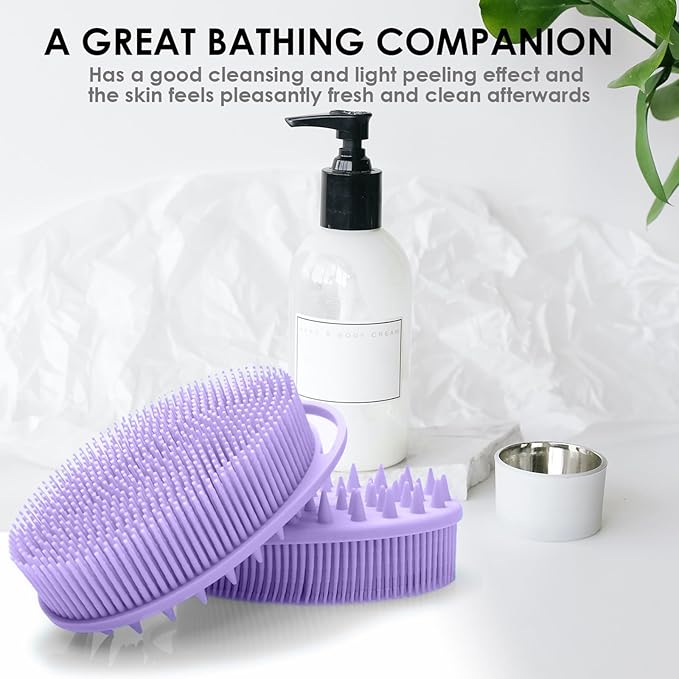 RamPula Silicone Body Scrubber, Silicone Loofah, Quick-Dry Exfoliating Body Brush for Wet or Dry Brushing, More Hygienic Than Traditional Loofah, Long-Bristle Brush, Purple and Starlight