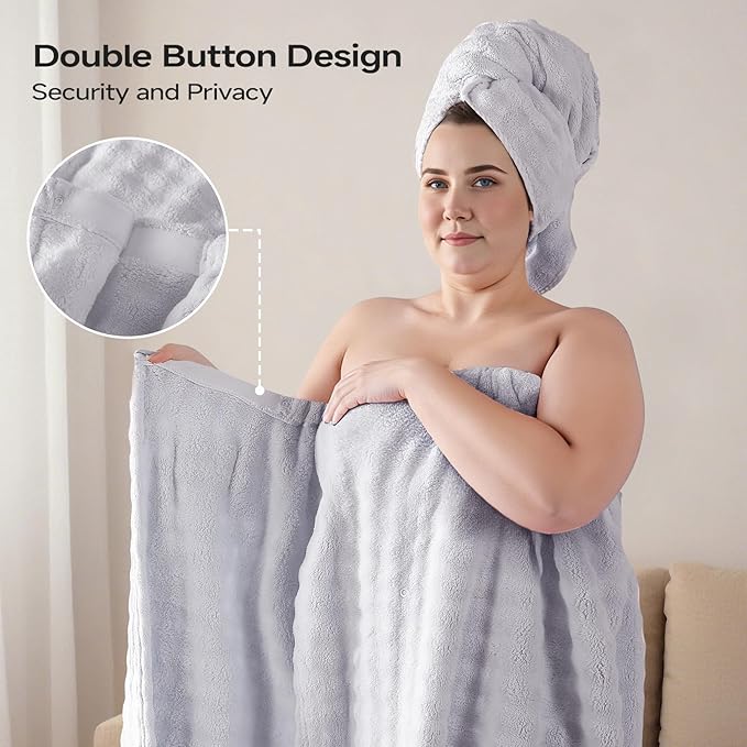 REDKISS Grey Plus Size Towel Wrap for Women, XL Adjustable Shower Wrap with Hair Towel, Super Absorbent Bath Towels Wrap for Body, Microfiber Plush Towel Wrap, Warmth Velcro Plus Size Wraps Towels