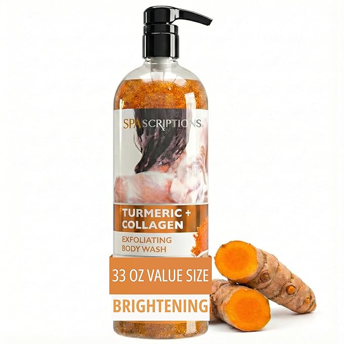 SpaScriptions Turmeric & Collagen Body Wash - Brightening Gentle Exfoliation Shower Gel Scrub for Men and Women with Brown Sugar & Vitamin E for Glowing Hydrated Skin, Scented, Paraben Free 33 fl oz
