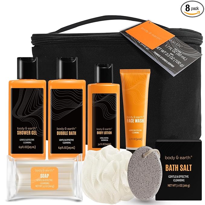 Body & Earth Gift Baskets for Men Bath Set Citrus Scented Bath and Body Gift Set with Body Lotion, Face Wash, Shower Gel, Bubble Bath, Loofah, Birthday Fathers Day Gifts