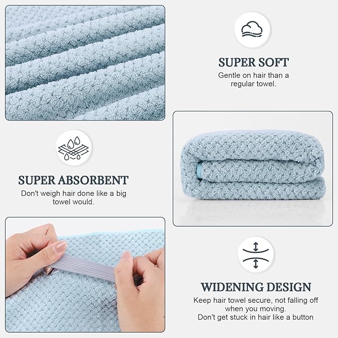 BEoffer 2 Pack Microfiber Hair Towel - 41 x 24 inches Super Soft, Absorbent, Fast Drying Without Frizz Hair Towel Wrap for Women Long, Thick, Curly Hair - Hair Turbans with Elastic Strap