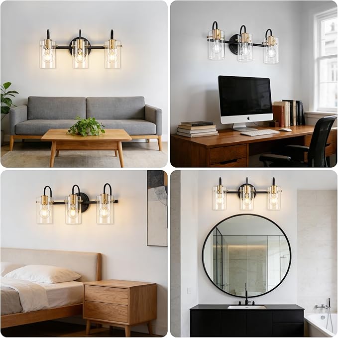 3 Light Bathroom Vanity Light, Black and Gold Bathroom Wall Light Fixtures with Clear Glass Shade, Modern Wall Sconces Wall Lamp over Mirror Kitchen Living Room Bedroom Hallway Cabinet