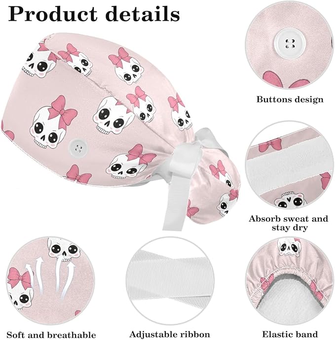 Scrub Caps Women Ponytail Cute Pink and White Leaves Caps Bouffant Working Hat Elastic Tie Back Hats with Button