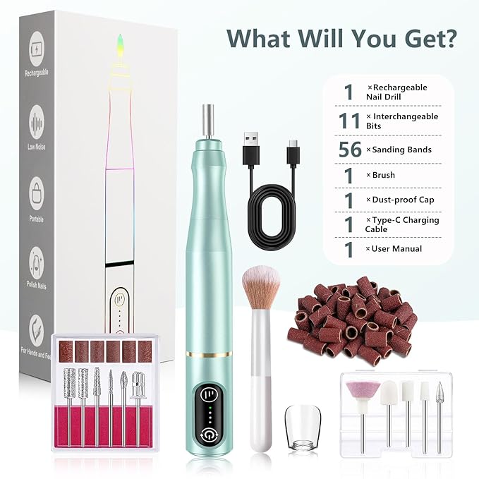 TUOBEO Cordless Nail Drill Electric Rechargeable File Kit, Professional Efile Acrylic Gel Nail Polish Remover Pedicure Manicure Machine Portable Set with 11 Bits 56 Sanding Bands for Salon Mint Green