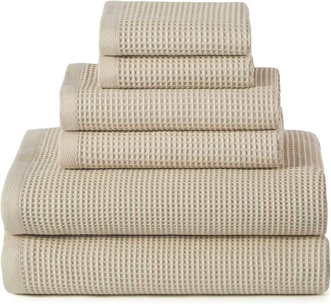 ecolook 6-Piece Towel Set, 100% Cotton, 31“x63” | 2 Bath Sheets, 2 Hand Towels, 2 Washcloths | Ultra-Soft, Absorbent, Quick-Dry Waffle-Weave Towels for Home, Hotel, Spa, Gym - Khaki