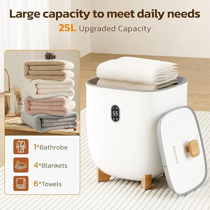 Electactic 25L Towel Warmer,Large Towel Warmers for Bathroom,Hot Towel Warmers Bucket with 2 Heating Modes,Auto Shut-Off,LCD Screen,Fits 2 Blankets,Bathrobes, Luxury White