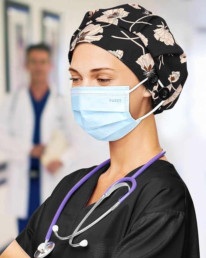 2 Pack Satin Lined Bouffant Scrub Caps with Buttons, Adjustable Scrub Caps for Women Men