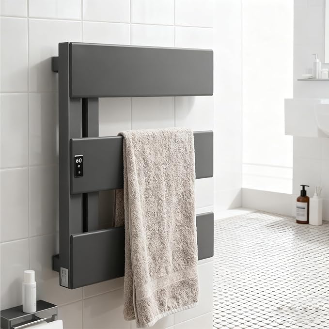 Verida Towel Warmer Rack, Support Hardwired and Plug-in, Wall-Mounted Electric Towel Heater, with Built-in Timer, Waterproof Aluminum Towel Warmer for Bathroom, LV-1S Gray
