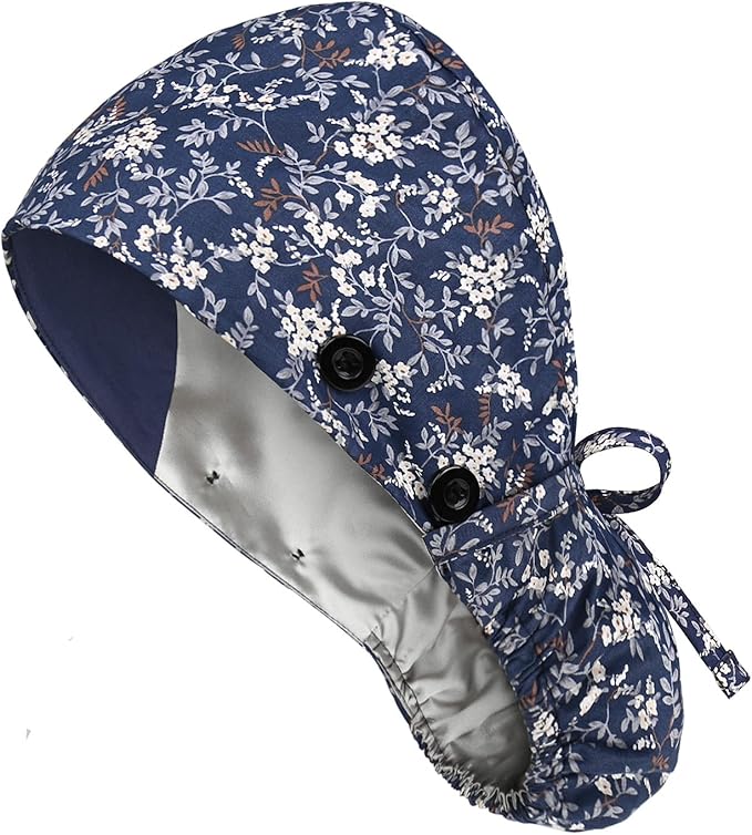 Satin Lined Scrub Caps with Buttons & Sweathand, Surgical Caps for Women