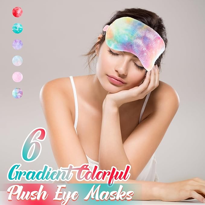 Cuffbow 6 Pack Plush Sleep Mask Set, Cute Plush Eye Masks for Sleeping, Soft Comfortable Travel Nap Blindfold, Sleepover Party Favors for Women(Tie Dye,Colorful)