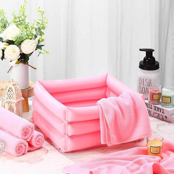 FillTouch 12 Pcs Foot Spa Kit for Girls Kids 12.5''x12.5''x8.3'' Foot Care Bath and 12''x28'' Hand Towels Washbasin Salon Towels Portable for Sleepover Spa Swim Birthday Party Supplies(Light Pink)