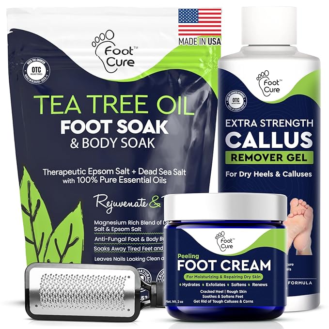 FOOT CURE Exfoliator & Callus Remover Pedicure Set – Care Kit Includes File for Dead Skin, Tea Tree Oil Soak Salts, Urea Cream 40 Percent Removal Gel Made in USA, 4 Piece