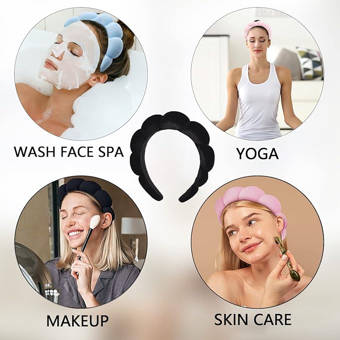 Luckybear Spa Headband for Washing Face, Velvet Makeup, Bubble Skincare With Face Wash Wristbands, Sponge Puffy for Women Skin Care - Black