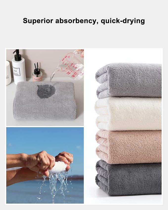 sakano Quick-Drying Microfiber Towel Set - 4-Piece Mixed Color Bath Towel Set, Highly Absorbent, Lint Free Design for Bath, Beach, and Gym - Light Gray+White+Khaki+Dark Gray, 28 x 55 inches