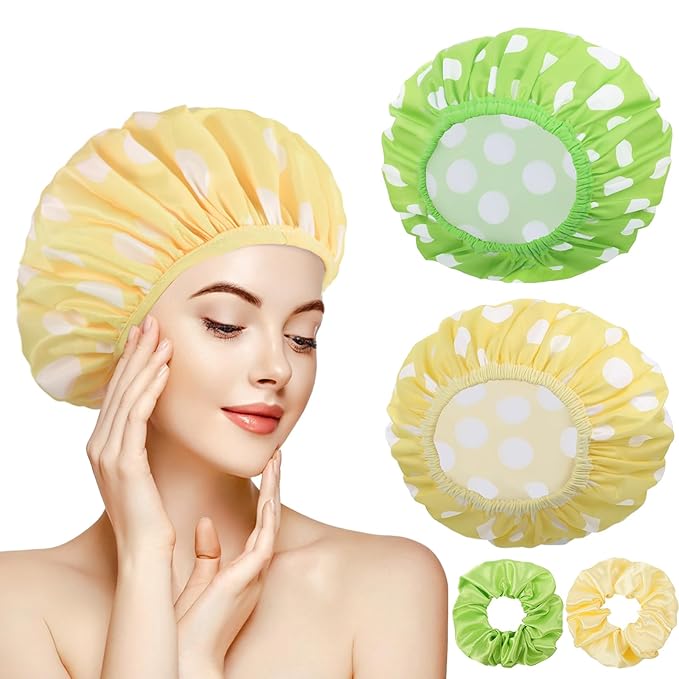 WSICSE 2 Packs Large Shower Caps for Women, Reusable Waterproof Shower Cap Bath Caps with Hair Scrunchies for Long Thick Hair (Cyan/Yellow)