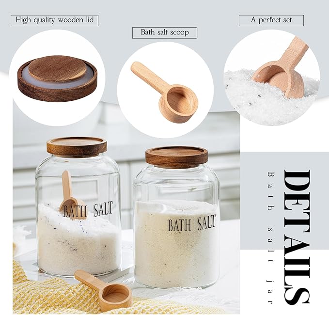 SiliFine 1 Sets 74 oz Large Bath Salt Container with Wooden Scoop for Glass Bath Salt Jar with Airtight Lid Storage Canister for Food, Flour, Sugar, Cookie, Kitchen