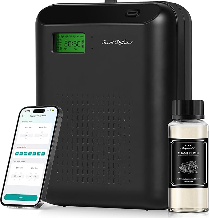 Scent Air Machine Starter Kit – Waterless Diffuser for Home & Commercial Use, Hotel Scent Diffuser Includes 100ml Essential Oil, WiFi/Bluetooth Control, 2000 sq.ft Coverage, Wall-Mount & Desktop,Black