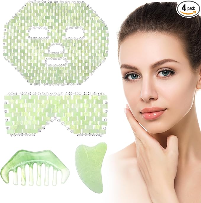 Demissle 4 Pcs Jade Eye Mask Jade Stone Facial Mask Scrap Massage Tool Hair Comb Facial Eye Cooling Stone Massage Tools for Puffy Eyes Dark Circles Gift (Light Green)