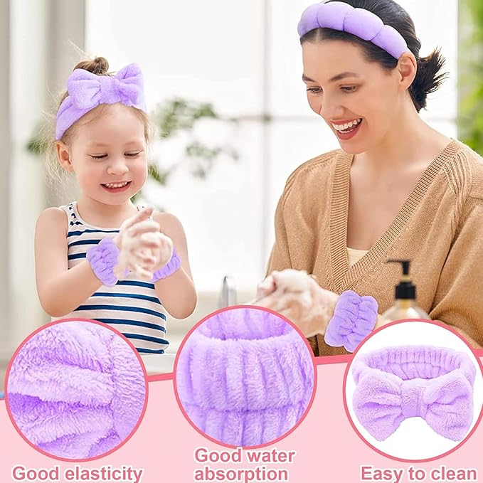 6 Pcs Elastic Microfiber Spa Headband Set for Women - Makeup, Skincare, Face Wash Wristbands, Beauty (Purple)