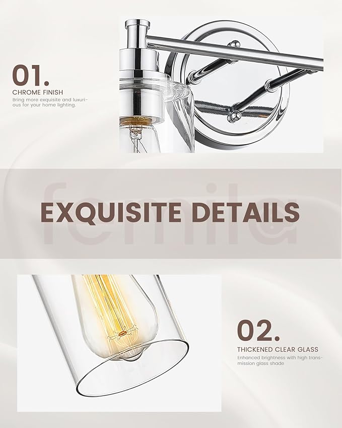FEMILA Vanity Lighting Fixtures, Modern Bathroom Lights Over Mirror, Wall Lamp with Clear Glass Shade,Chrome Finish,4FYC56B-3W CH